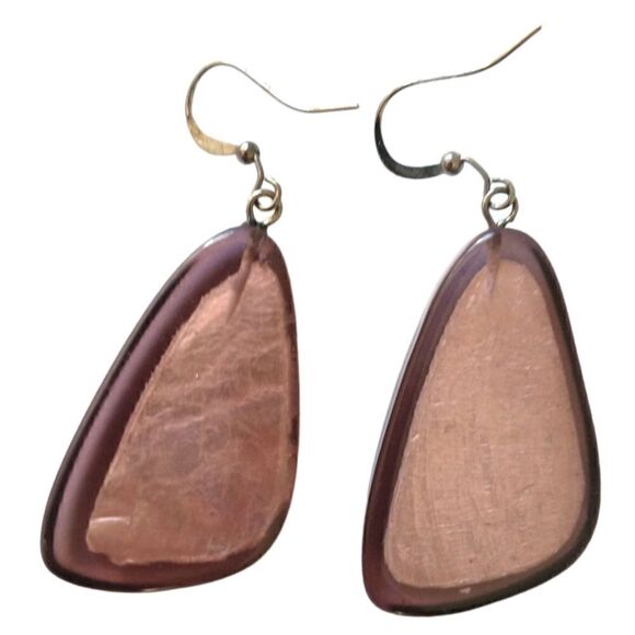 Purple Dangle Earrings Clear Encased Disco Pierced Large Lightweight Acrylic. - Picture 3 of 16